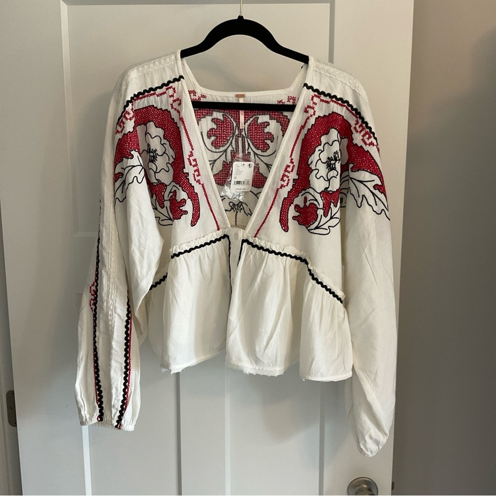 Free People White Boho Blouse with Red Embroidery